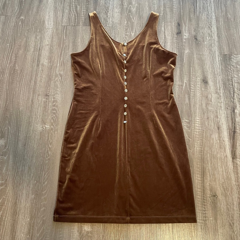 PG Collections Womens Velvet Button Front Dress Size 14 Brown Polyester Spandex